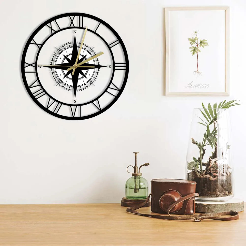 Elegant nautical compass wall clock with vintage design; circular shape with high-quality metal and acrylic finish.