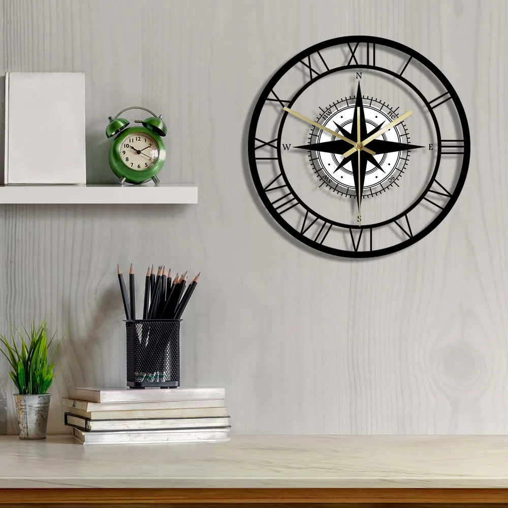Elegant nautical compass wall clock with vintage design; circular shape with high-quality metal and acrylic finish.