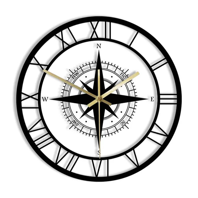 Elegant nautical compass wall clock with vintage design; circular shape with high-quality metal and acrylic finish.