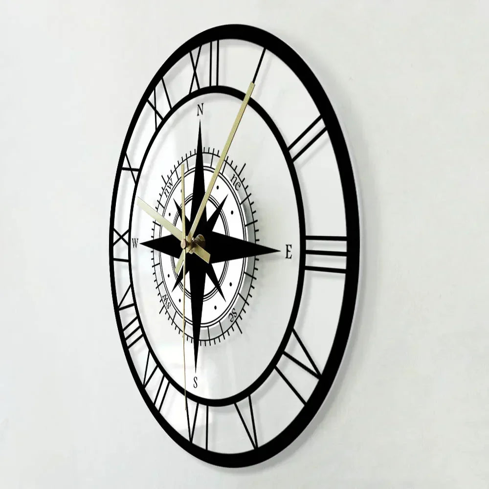 Elegant nautical compass wall clock with vintage design; circular shape with high-quality metal and acrylic finish.