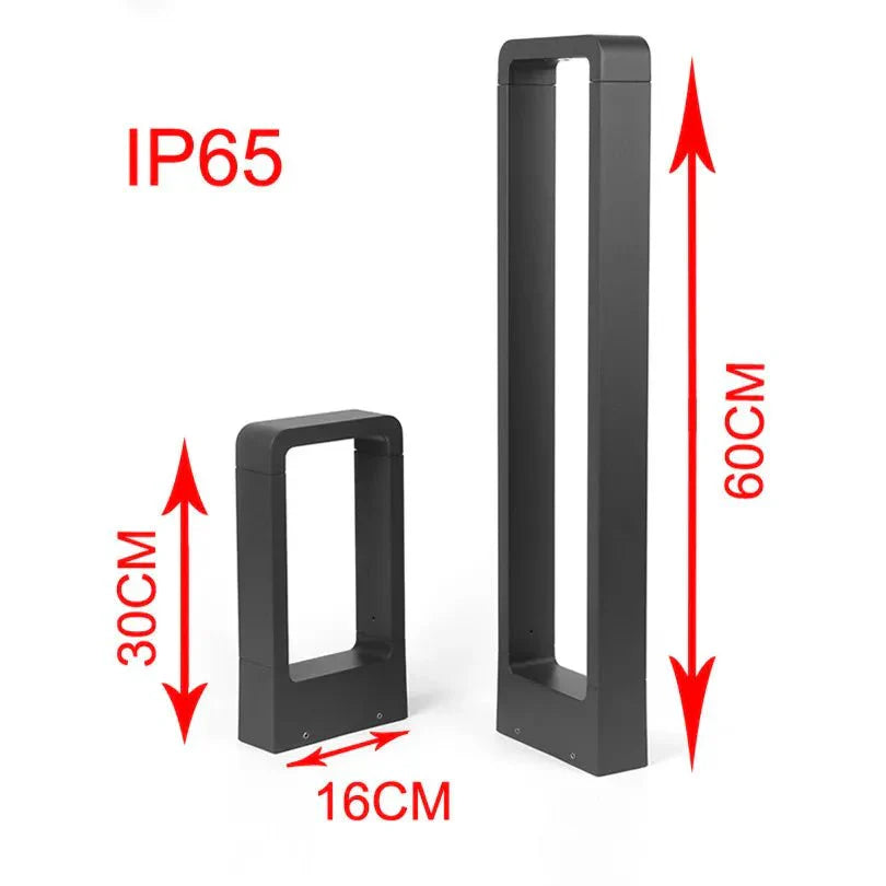 "Sleek waterproof outdoor LED garden light illuminating garden paths, robust aluminum build with modern minimalist design."