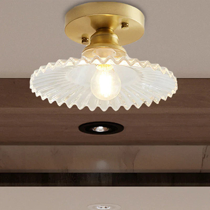 "Vintage-inspired ribbed glass ceiling lamp, green shade, semi-flush design, perfect for modern and classic interiors."