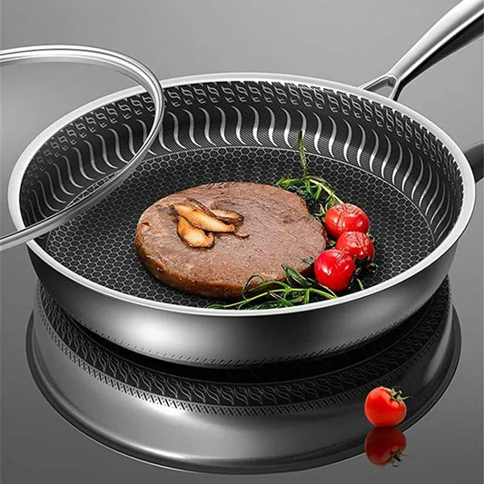"Premium honeycomb non-stick stainless steel wok, featuring ergonomic handles and unique heat-conductive pattern."