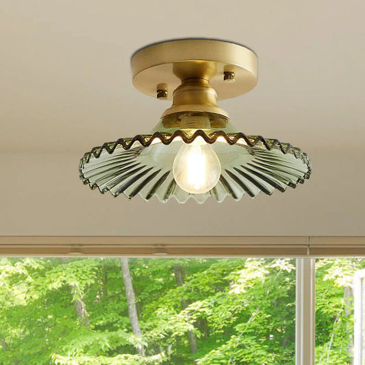 "Vintage-inspired ribbed glass ceiling lamp, green shade, semi-flush design, perfect for modern and classic interiors."