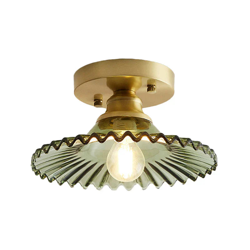 "Vintage-inspired ribbed glass ceiling lamp, green shade, semi-flush design, perfect for modern and classic interiors."