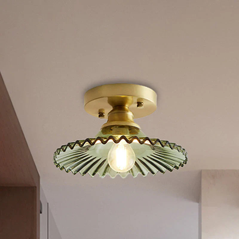"Vintage-inspired ribbed glass ceiling lamp, green shade, semi-flush design, perfect for modern and classic interiors."