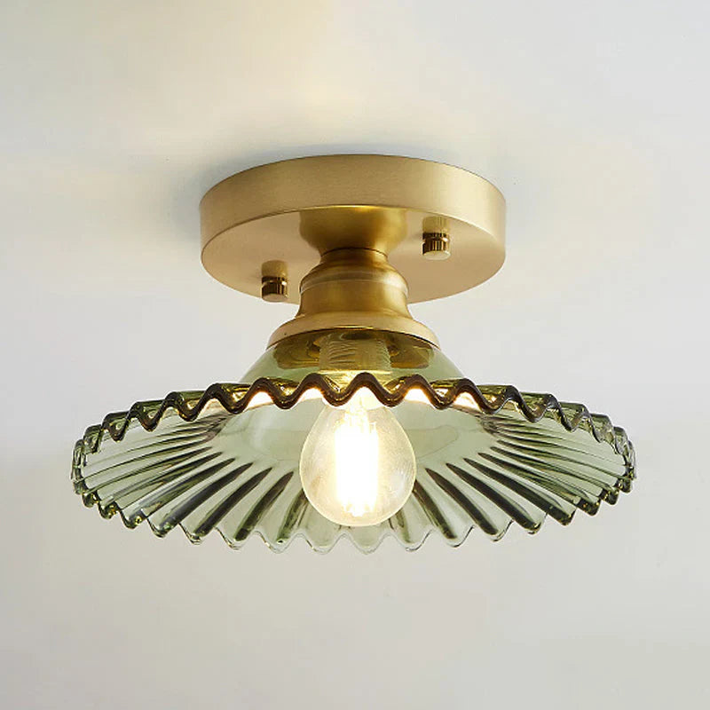 "Vintage-inspired ribbed glass ceiling lamp, green shade, semi-flush design, perfect for modern and classic interiors."